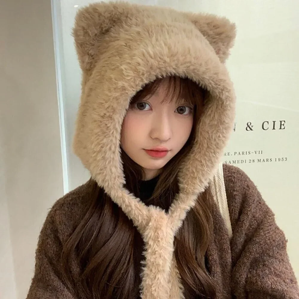 Women Khaki Winter Beanie Hats Knit Ear Flaps Cute Stuffed Bear Ears Fleece